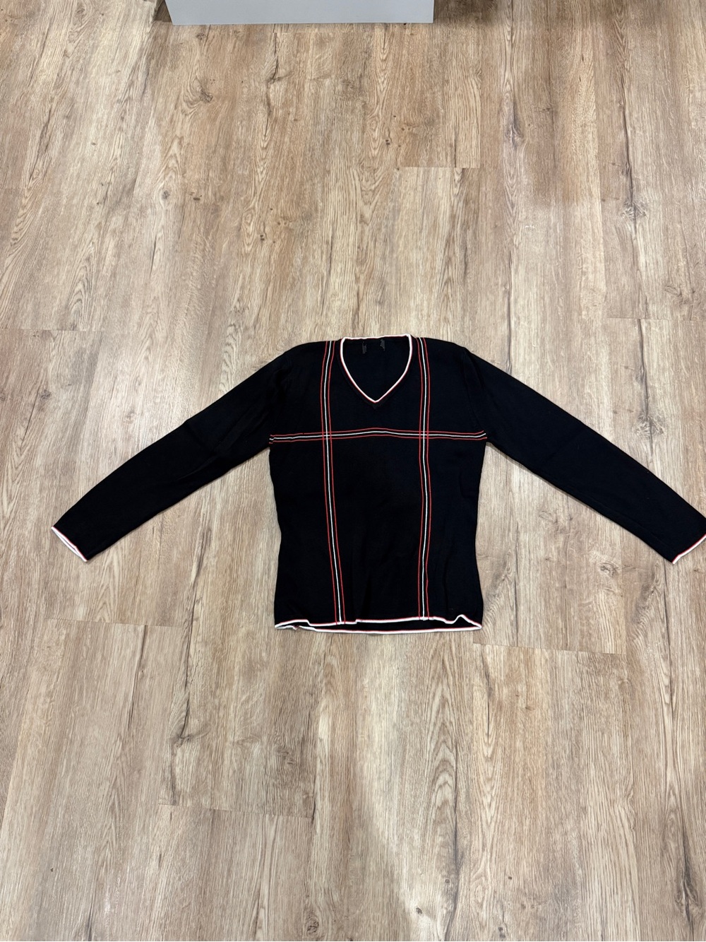 Vintage Y2K Black Grid Line V-Neck Knit Sweater Contrast Trim Small